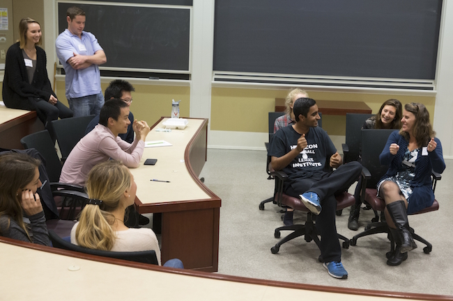 An improv class at the University of Virginia's McIntire School of Commerce. Professor Cady Garey is on the far right, seated in the blue sweater. ( Photo by Dan Addison, University of Virginia Communications