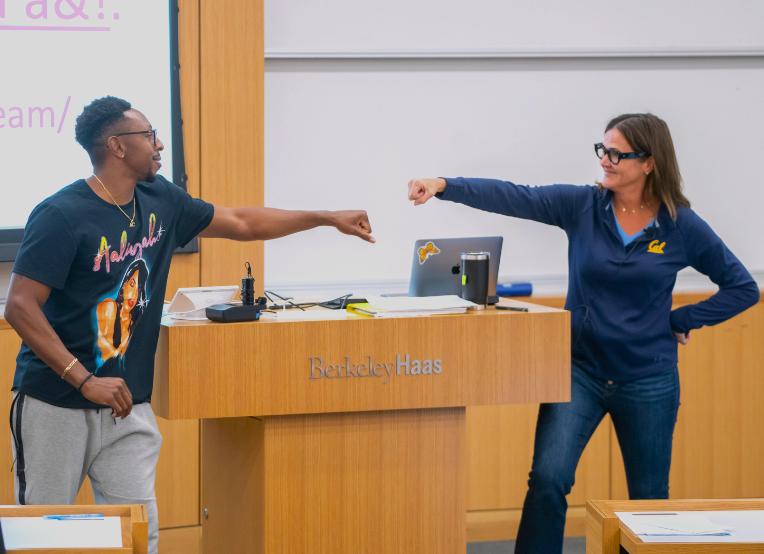 Kellie McElhaney, at right, taught the class with graduate student instructor André Chapman, Jr., a former UCLA 400-meter hurdler. Photo credit: Jim Blcok