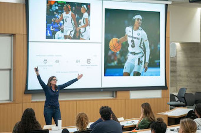 Kellie McElhaney, distinguished teaching fellow and founding director of the Center for Equity, Gender and Leadership (EGAL) at the Berkeley Haas School of Business, teaches her Equity Fluent Leadership and Personal Brand course this spring. Photo credit: Jim Block