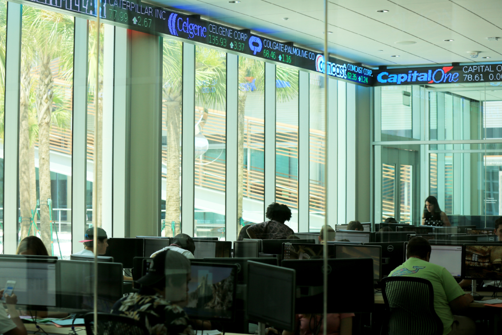 The Trading Lab at the Darla Moore School of Business is a popular gathering place for Carolina Finance Scholars working on company pitches and other school work. Courtesy photo